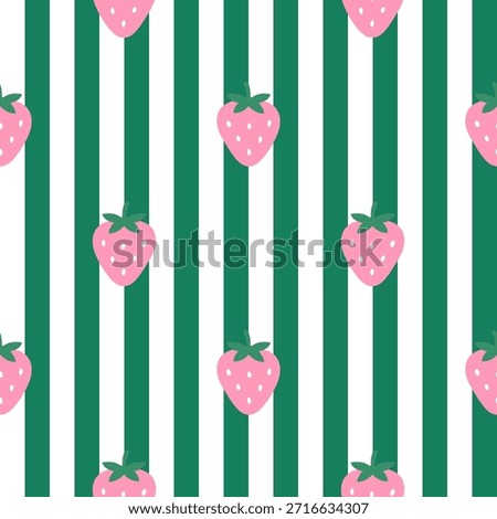 Strawberry pattern vector illustration featuring pink strawberries on green and white vertical stripes. Suitable for textile designs, backgrounds, and creative projects.