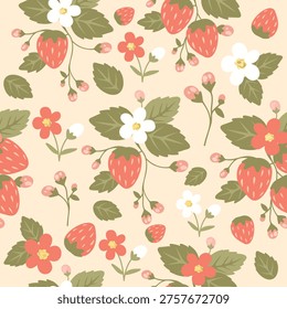 Strawberry pattern. Vector pattern with ripe strawberries, flowers, green leaves on a beige background. For summer spring themes, packaging, wallpaper, packaging, textiles, kitchen, prints