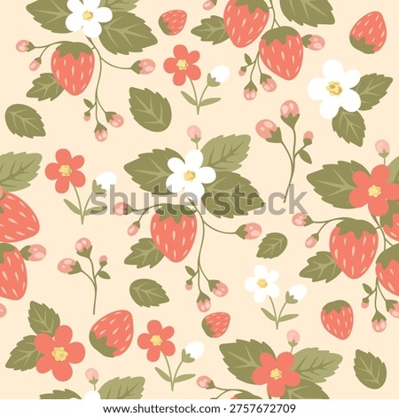Strawberry pattern. Vector pattern with ripe strawberries, flowers, green leaves on a beige background. For summer spring themes, packaging, wallpaper, packaging, textiles, kitchen, prints