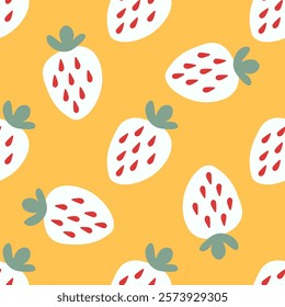 Strawberry pattern. Vector seamless pattern with white strawberries on vibrant yellow background. Ideal for summer-themed designs, textiles, wallpapers and creative projects