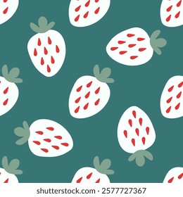 Strawberry pattern. Vector seamless pattern with white strawberries on teal background. Ideal for summer-themed designs, textiles, wallpapers and creative projects