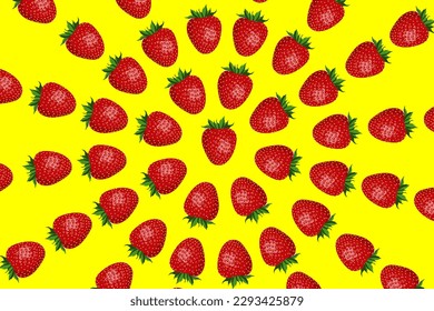 Strawberry pattern, whole red fruit. Fresh organic tropical fruit background. Vegetarian design full of vitamins, creative summer refreshing concept
