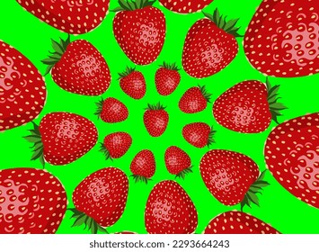 Erdbeermuster, ganze rote Früchte. Frische tropische Früchte auf tropischem Hintergrund. Vegetarisches Design voll von Vitaminen, kreatives Sommererfrischungskonzept