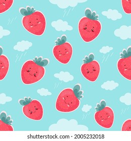 Strawberry Patterns. Strawberry Backgrounds. Vector. Print design for textiles. Pattern seamless fruit. Red strawberries and clouds on an azure background. Strawberry in cartoon style