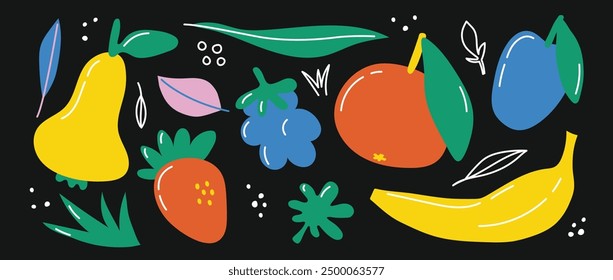 Strawberry, pear, banana, grapefruit, blackberry, plum and leaves on a black background. Collection of cartoon fruits. Cute hippie design for kids. Naive sticker pack. Primitive vector set