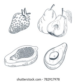 Strawberry pear papaya and avocado hand draw