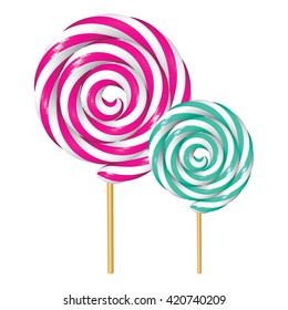 Strawberry and Peppermint Twisted Lollipops Isolated on White. Pink and Green Spiral Candies. Low Poly Realistic Vector illustration.
