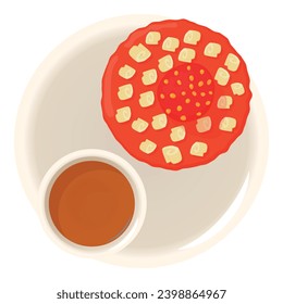Strawberry pie icon isometric vector. Bright fresh berry pie and cup of cocoa. Dessert, breakfast, food concept