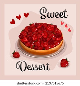 Strawberry pie with jelly. Dessert food at flyer concept, vector illustration. Sweet pastry bakery cafe advertising card. Delicious cake with strawberry and raspberry