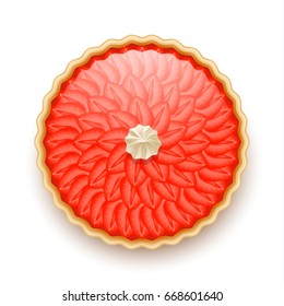 Strawberry pie with jelly and whipped cream on the top. Top view vector illustration, isolated on white.