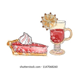 Strawberry pie and mulled wine with a slice of orange and cloves on a white background