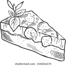 Strawberry pie slice engraving. Dessert bakery sketch