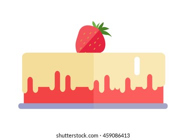 Strawberry pie vector Illustration. Flat design. Home baking. Tasty sweet fruit cake, covered glaze, with berry on top. Picture for bakery, confectionery, cafe advertising, menu, app pictogram.