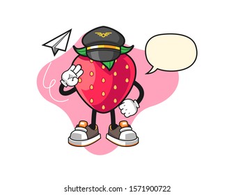 Strawberry pilot with speech bubble cartoon. Mascot Character vector.