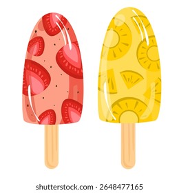 Strawberry and pineapple popsicle. Fruit ice cream set. Can be used for wallpaper and sticker