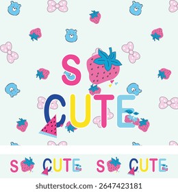 Strawberry and pink bow, cute blue bear, light blue background and stylized flowers, cartoon vector.