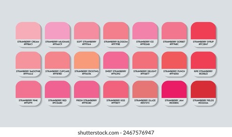 Paleta de guías de color rosa de fresa con nombres de color. Las muestras de Catálogo son de color rosa fresa con códigos RGB HEX y nombres. Vector de la paleta de los Colores rosados de la fresa, paleta de colores rosada de la madera y del plástico,