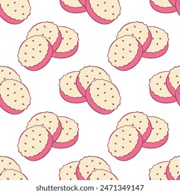 Strawberry pink cookies pattern, berry cookies and sesame, on white background.