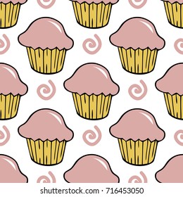 Strawberry pink cream cupcake seamless pattern