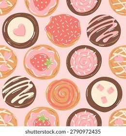 Strawberry pink dessert pattern with frosted pastries in cartoon style
