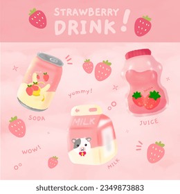 Strawberry Pink Drink Beverages HandDrawn Illustrations Sticker Pack