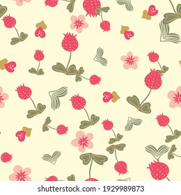 Strawberry pink flowers seamless vector pattern. Cute botancial surface print design for gifly fabrics, stationery, mothers day gift wrap, textiles, backgrounds, home decor, backgrounds, and packaging