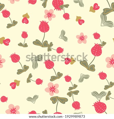 Strawberry pink flowers seamless vector pattern. Cute botancial surface print design for gifly fabrics, stationery, mothers day gift wrap, textiles, backgrounds, home decor, backgrounds, and packaging