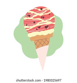 Strawberry pink ice cream in a waffle cup. Sweet summer dessert, cute style. Vector flat design isolated on white background.