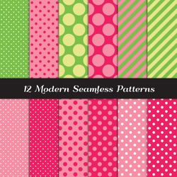 Strawberry Pinks, Green And Lime Green Mixed Polka Dots And Stripes Seamless Patterns. Perfect For Strawberry Theme Girl's Birthday Party Or Baby Shower Decor. Pattern Swatches Made With Global Colors