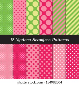 Strawberry Pinks, Green and Lime Green Mixed Polka Dots and Stripes Seamless Patterns. Perfect for Strawberry theme girl's birthday party or baby shower decor. Pattern Swatches made with Global Colors