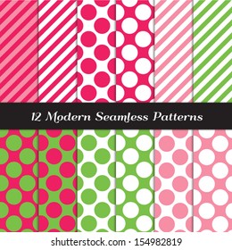 Strawberry Pinks, Green and White Jumbo Polka Dots and Stripes Seamless Patterns. Perfect for Christmas or Strawberry theme girl's birthday party decor. Pattern Swatches made with Global Colors.