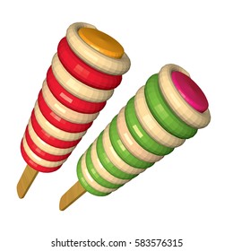 Strawberry and Pistachio Flavored Twisted Ice Creams Isolated on White Background. Red and Green Colored Popsicles on Wooden Stick in Perspective. 3d Realistic Vector Illustration.