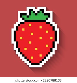 Strawberry pixel art icon with long shadow sticker 8 bit vector for computer game logo
