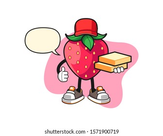 Strawberry pizza delivery with speech bubble cartoon. Mascot Character vector.