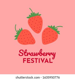 Strawberry plant background. Simple template with pink berries for Strawberry Festival. Cartoon flat design. Vector illustration.