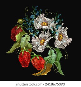 Strawberry plant with leaves, berries and white chamomile flowers. Summer and spring floral art. Fashion template for clothes, textiles and t-shirt design. Embroidery