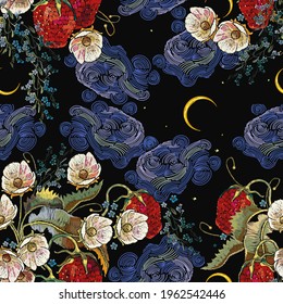 Strawberry plant with leaves, red berries and white flower. Night sky and golden moon. Summer garden art. Embroidery seamless pattern. Fashion template for clothes, textiles and t-shirt design 