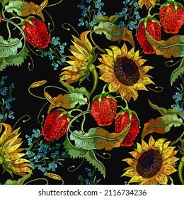 Strawberry plant with leaves, yellow sunflowers flowers and meadow herbs. Summer garden art. Embroidery style. Seamless pattern. Fashion template for clothes, textiles and t-shirt design 