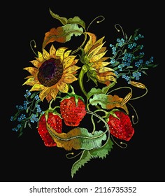 Strawberry plant with leaves, yellow sunflowers flowers and meadow herbs. Summer garden art. Embroidery style. Fashion template for clothes, textiles and t-shirt design
