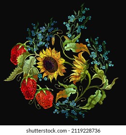 Strawberry plant with leaves, yellow sunflowers flowers and meadow herbs. Fashion template for clothes, textiles and t-shirt design. Summer garden art. Embroidery style