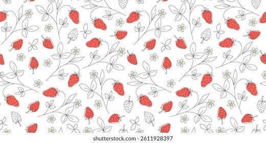 Strawberry plant, nature pattern. Abstract drawings of berries, branches, leaves, flowers. Strawberry, doodle drawing, hand drawn sketch seamless background. Concepts diet, farmers market.