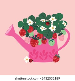 Strawberry Plant in Watering Can - Hand-drawn Clipart Illustration for Decor, Invitations, and Greeting Cards