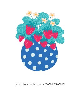 Aardbeiplanten boeket met bloemen en vruchten in een blauwe vaas met stippen van polka patroon. Zomer boeket vector illustratie