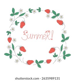  Strawberry plant,strawberry doodle drawing. Strawberry plant, line icons, doodle drawing. Summer banner, round frame. Hand lettering.  Natural background. Place for text, isolated background.