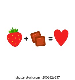 Strawberry plus chocolate equals love. Cute funny poster,card illustration. Vector cartoon illustration icon. Isolated on white background. Chocolate,strawberry, funny equation concept