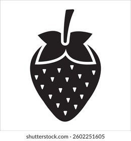 A strawberry with a pointed bottom and a leafy top, decorated with small seed-like dots.
