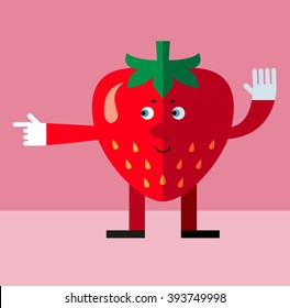 Strawberry pointing direction. Flat style vector illustration . Funny cartoon character