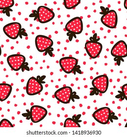 Strawberry polka dot Hand Draw Seamless Cute Pattern. Summer Bright endless Background for baby fabric design, wrapping paper, Wallpaper, and other things.