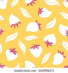 Strawberry polka dots seamless pattern with leaves. Trend vector background in simple hand drawn cartoon childish style. White berry on yellow. Ideal for textiles, packaging, baby clothes