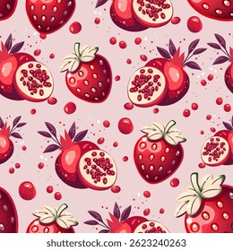 Padrão de frutos sem emenda de morango e romã. Fundo de frutos vermelhos escuros com morangos e romãs